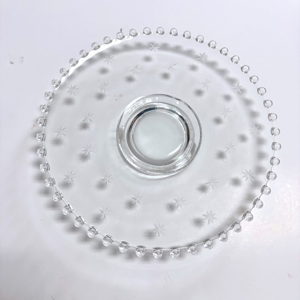 Vintage Clear Glass Cake Stand Hobnail Beaded Rim Etched Starburst 8.25 Inch
